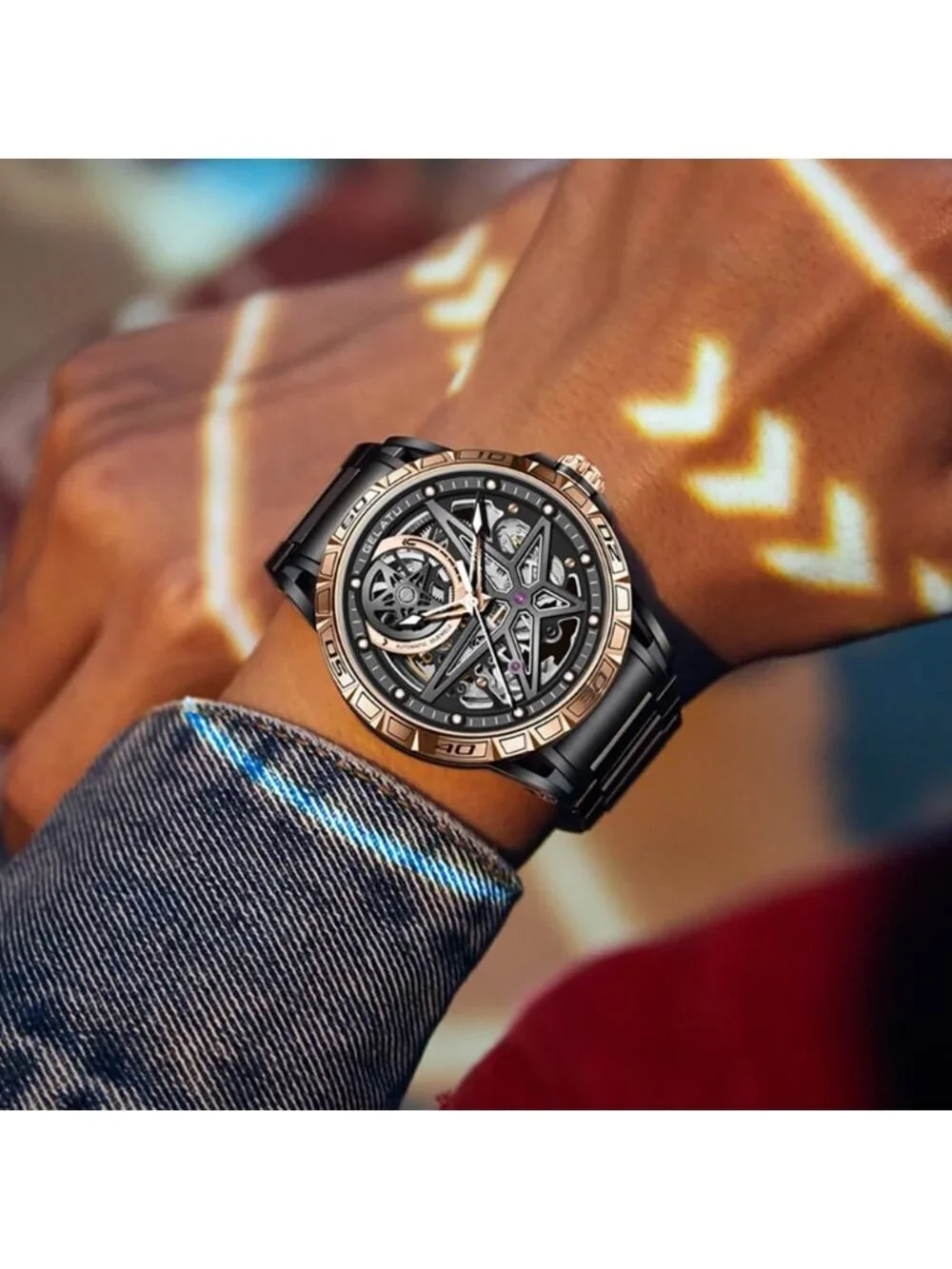 Men's Black Skeleton Quartz Stainless Waterproof Luminous Luxury Wooden Watch